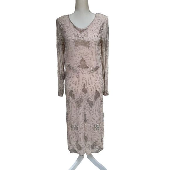 Vintage 100% Silk Swee Lo Hand Beaded Art Deco Midi Dress Size Small - Picture 1 of 13